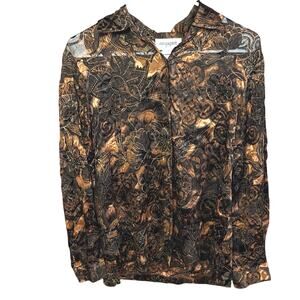 Easy Spirit Sheer Paisley Blouse Brown Silk Blend Button Up Top M